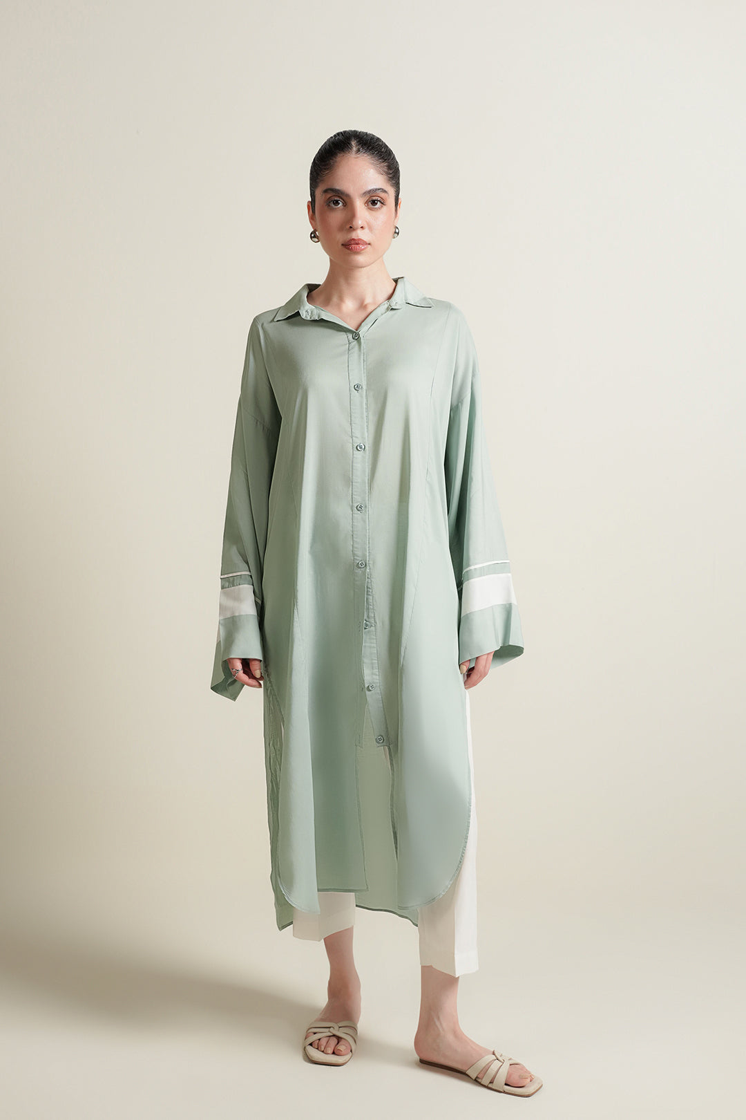 Green Color Block Button Down