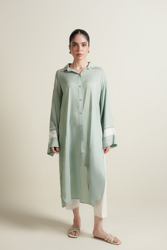 Green Color Block Button Down
