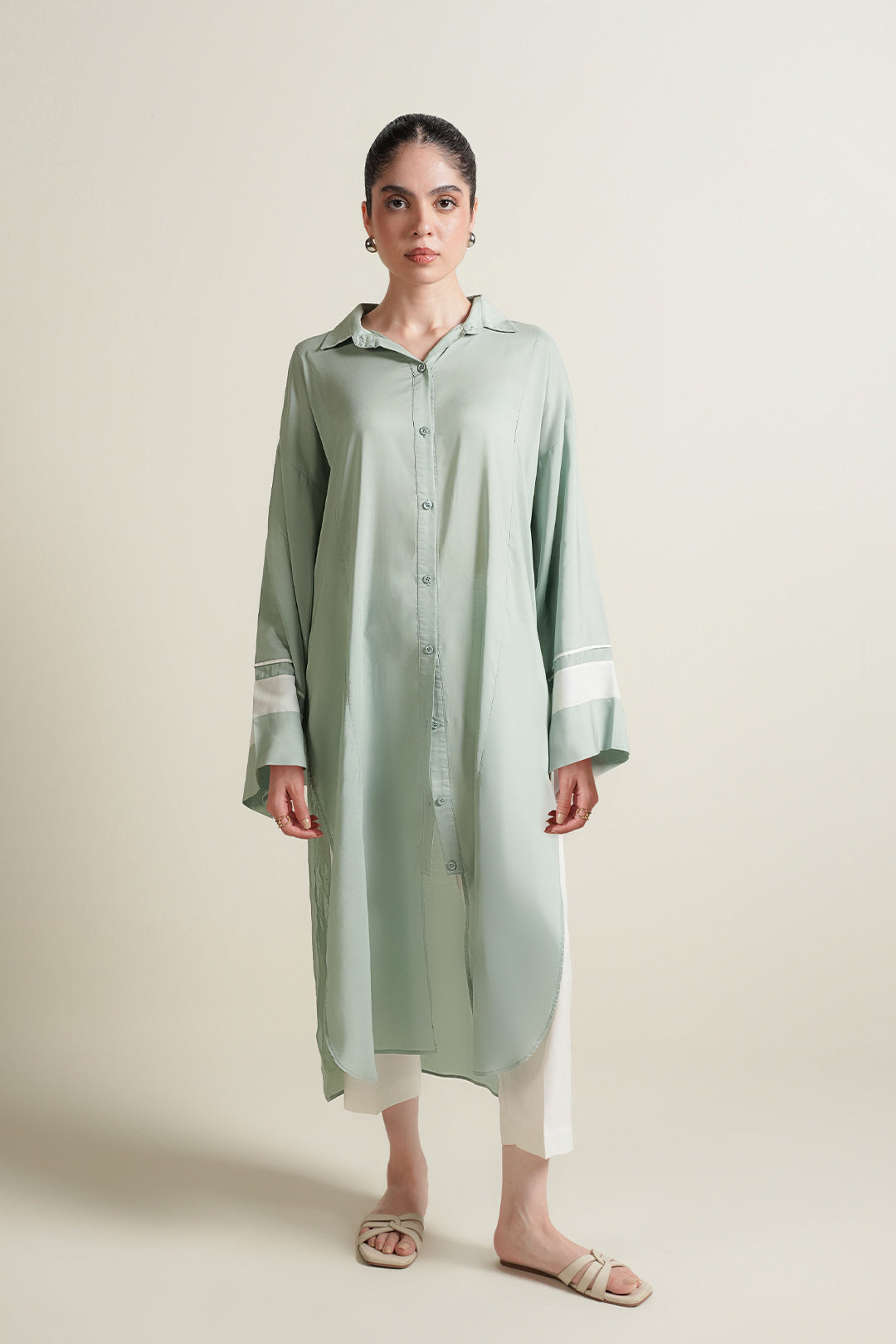 Green Color Block Button Down