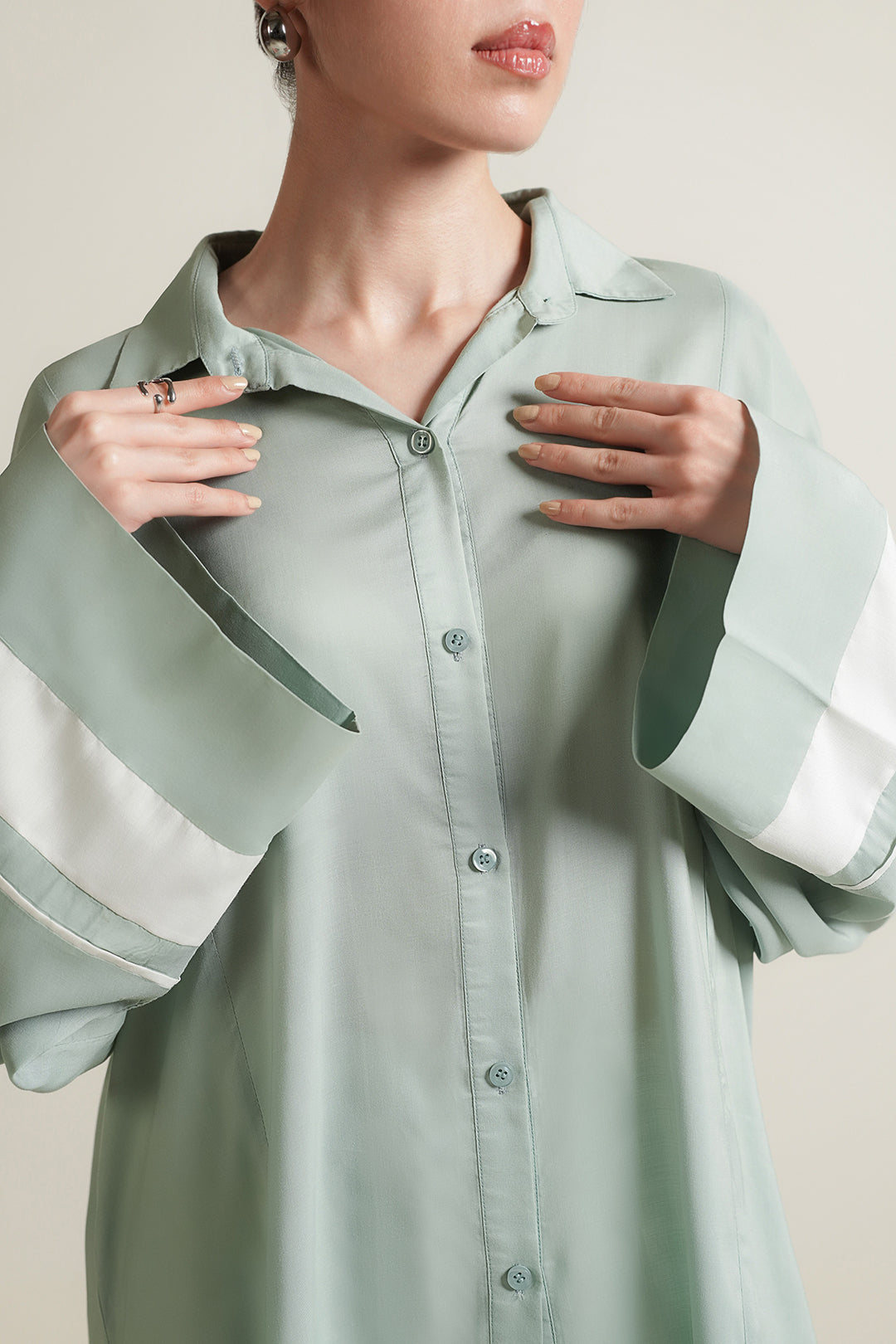 Green Color Block Button Down