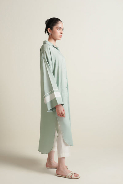 Green Color Block Button Down