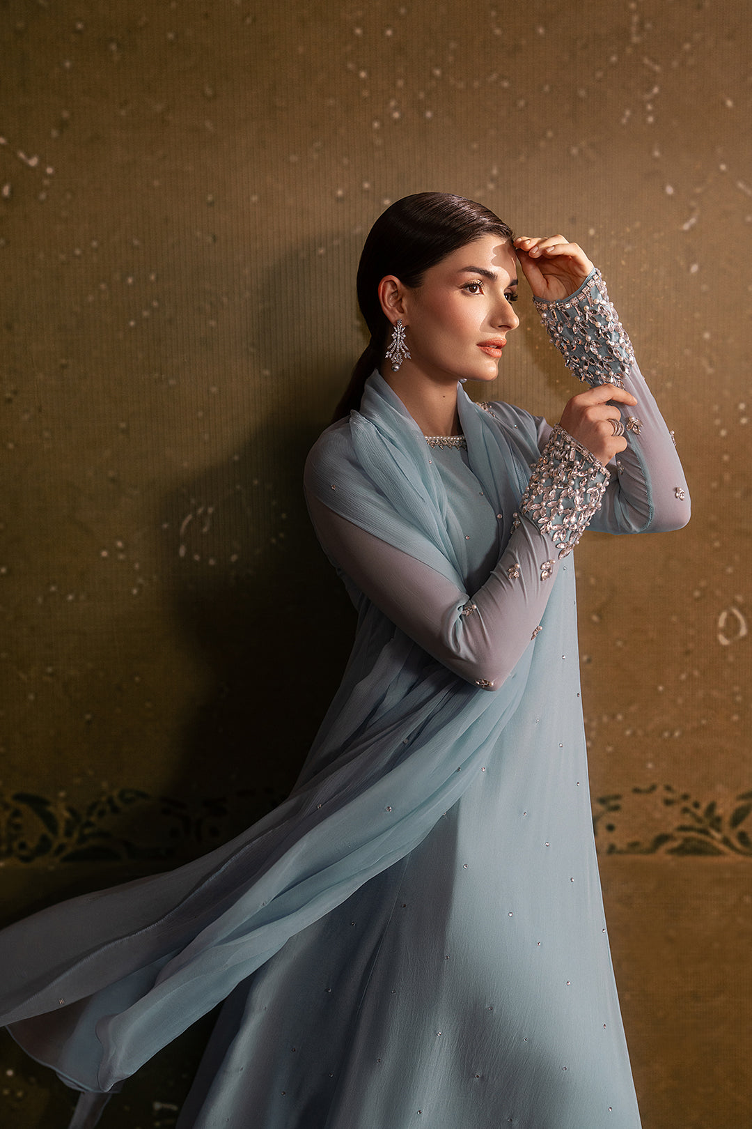 light blue long sleeve dress Midi Cotton with Voluminous Sleeves and Sweetheart Neckline dark dressing Long Sleeve & 3/4 Sleeve