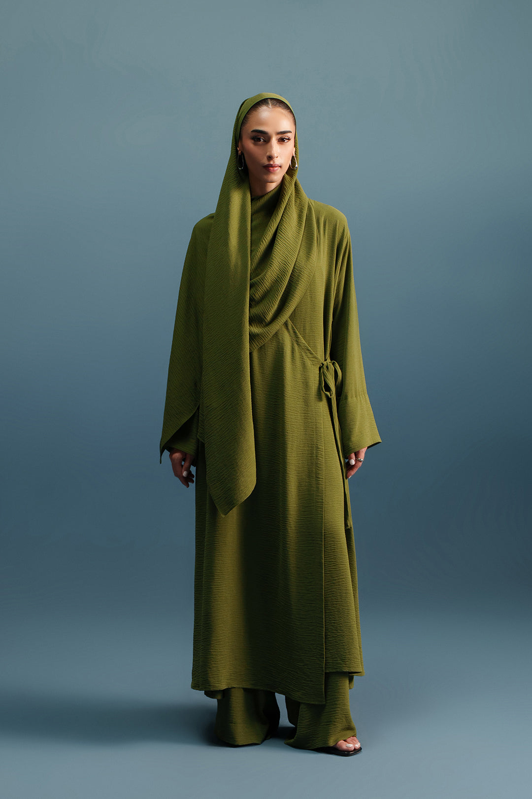Sage Tie Up Abaya & Stole (2Pc)